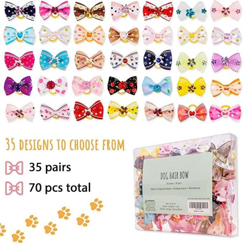 Dog Bows With Strong Rubber Bands And Rhinestone Pearls For Small Dog-Paw Print Pad
