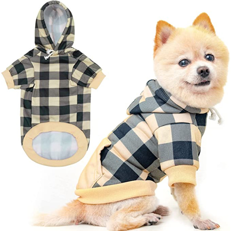 Plaid Dog Hoodie Pet Clothes Sweaters With Hat-Paw Print Pad