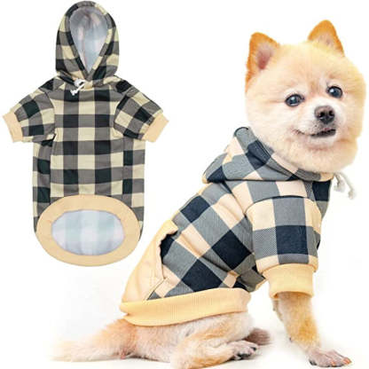 Plaid Dog Hoodie Pet Clothes Sweaters With Hat-Paw Print Pad