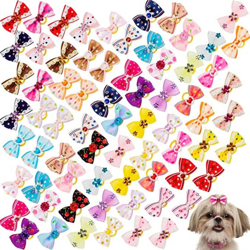 Dog Bows With Strong Rubber Bands And Rhinestone Pearls For Small Dog-Paw Print Pad