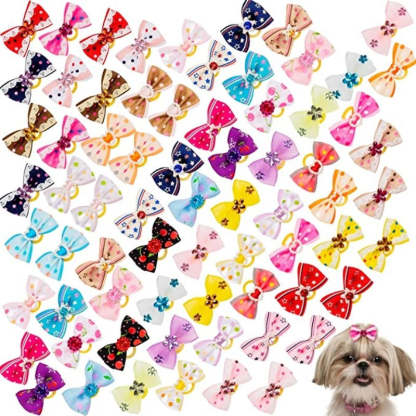 Dog Bows With Strong Rubber Bands And Rhinestone Pearls For Small Dog-Paw Print Pad