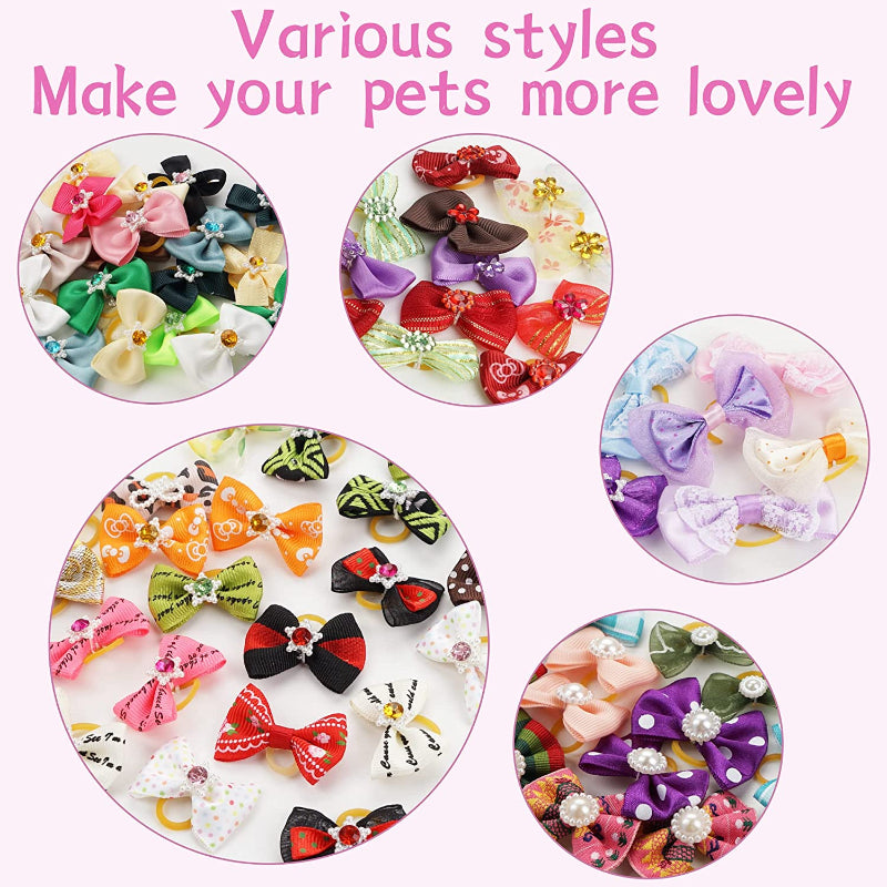 Puppy Bows with Rubber Band Pet Grooming Bows Colored Polka Dot Dog Hair Accessories for Small Dog - 50 Pairs-Paw Print Pad