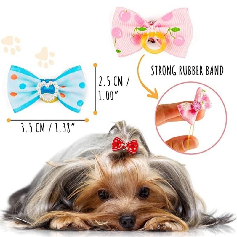 Dog Bows With Strong Rubber Bands And Rhinestone Pearls For Small Dog-Paw Print Pad