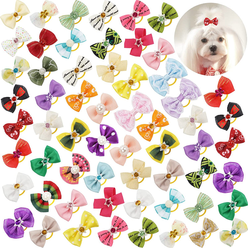 Puppy Bows with Rubber Band Pet Grooming Bows Colored Polka Dot Dog Hair Accessories for Small Dog - 50 Pairs-Paw Print Pad