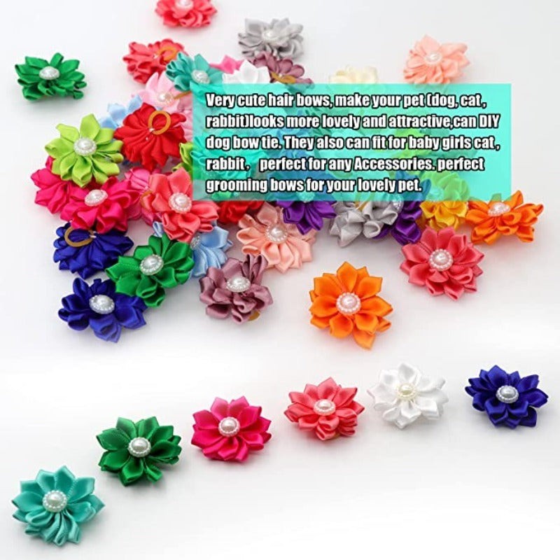 40PCS (20Pairs) Dog Hair Bows With Rubber Bands Pearls Flowers Topknot Dog Bows Pet Grooming Products 20 Colors-Paw Print Pad