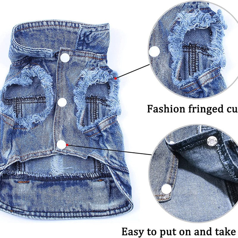 Dog Jean Jacket With Blue Denim Lapel Vest Coat-Paw Print Pad