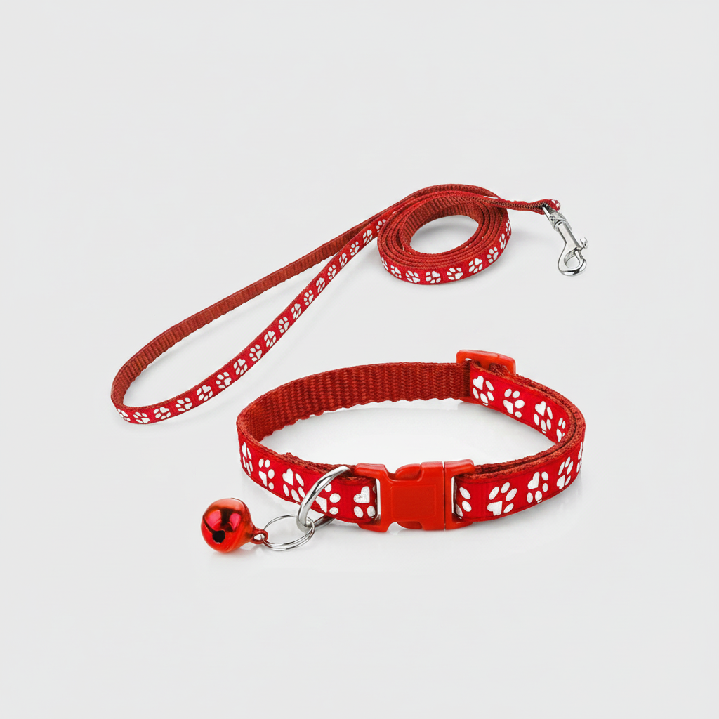 Adjustable Paw Print Pet Collar And Leash Set With Bell