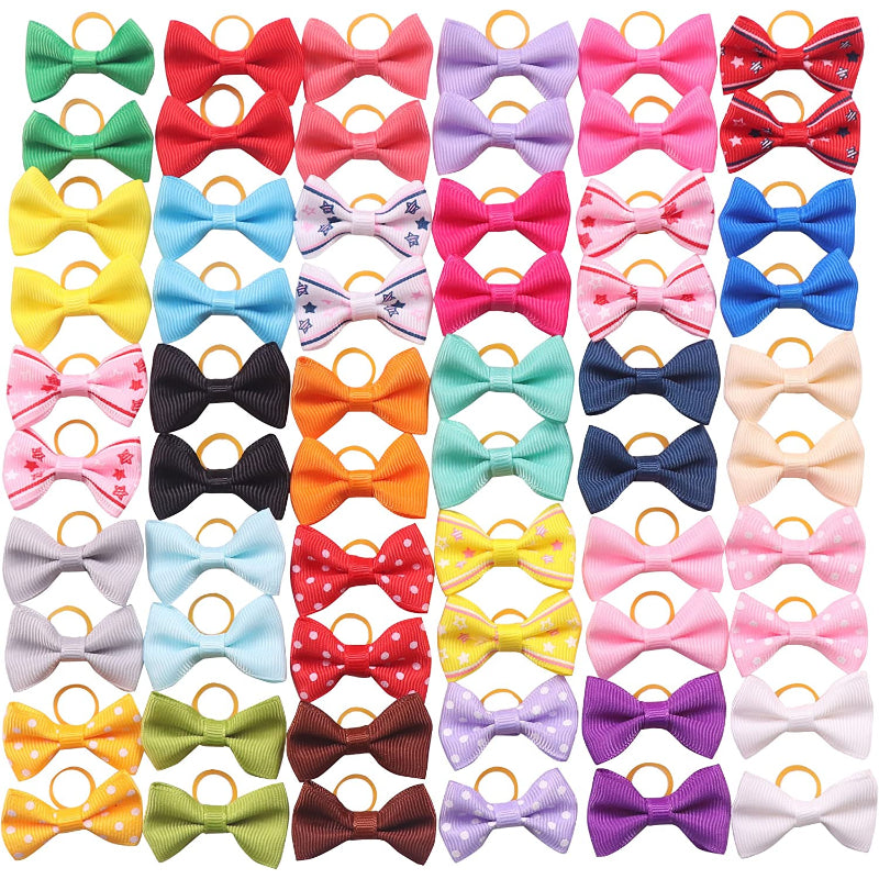 Puppy Dog Small Bowknot Hair Bows with Rubber Bands Handmade Hair Accessories Bow Pet Grooming Products (60 Pcs, Cute Patterns) (Rubber Bands Style 1)-Paw Print Pad