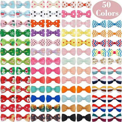 100PCS Dog Hair Clips, Puppy Bows For Small Dog, Holiday Handmade Dog Bows Pet Grooming Accessories For Doggies Poodle Teddy Shih Tzu (50 Pairs)-Paw Print Pad