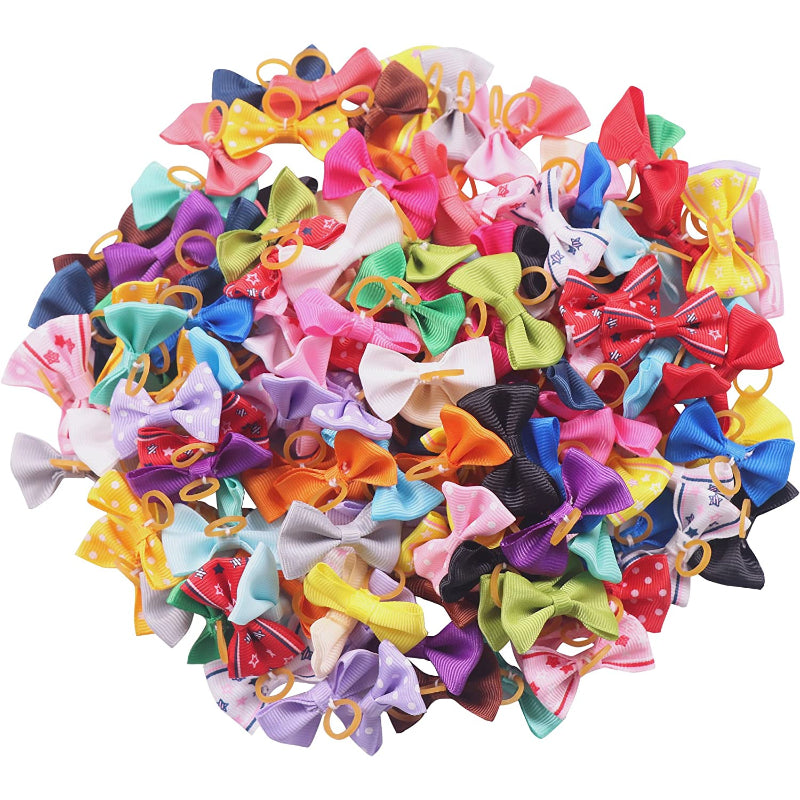 Puppy Dog Small Bowknot Hair Bows with Rubber Bands Handmade Hair Accessories Bow Pet Grooming Products (60 Pcs, Cute Patterns) (Rubber Bands Style 1)-Paw Print Pad