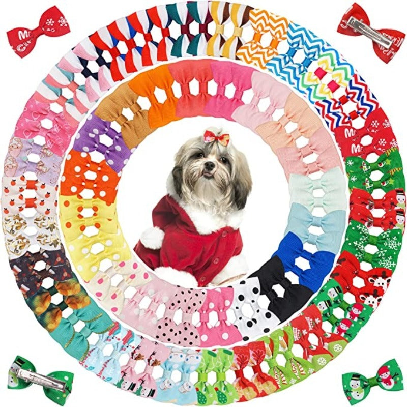 100PCS Dog Hair Clips, Puppy Bows For Small Dog, Holiday Handmade Dog Bows Pet Grooming Accessories For Doggies Poodle Teddy Shih Tzu (50 Pairs)-Paw Print Pad