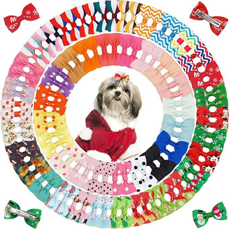 100PCS Dog Hair Clips, Puppy Bows For Small Dog, Holiday Handmade Dog Bows Pet Grooming Accessories For Doggies Poodle Teddy Shih Tzu (50 Pairs)-Paw Print Pad