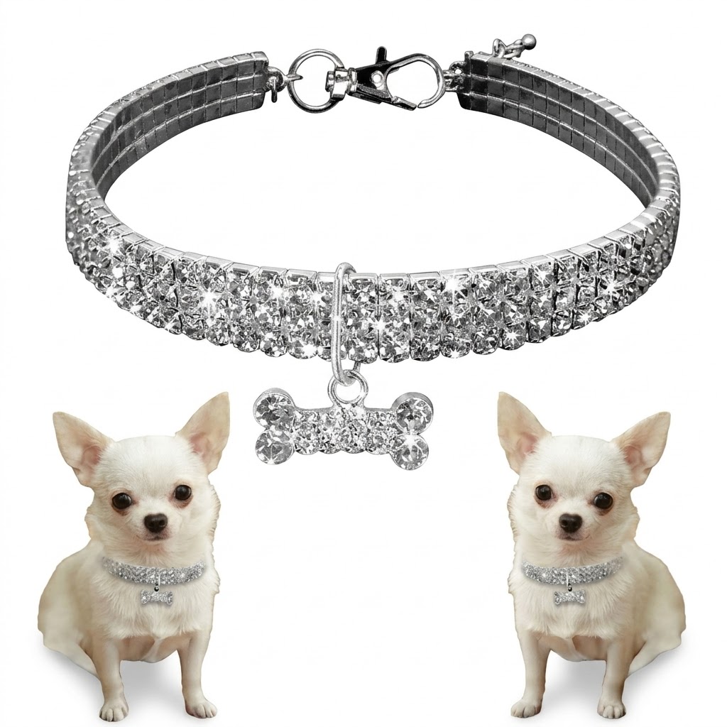 Elastic Rhinestone Pet Collar With Three Row Crystal Design