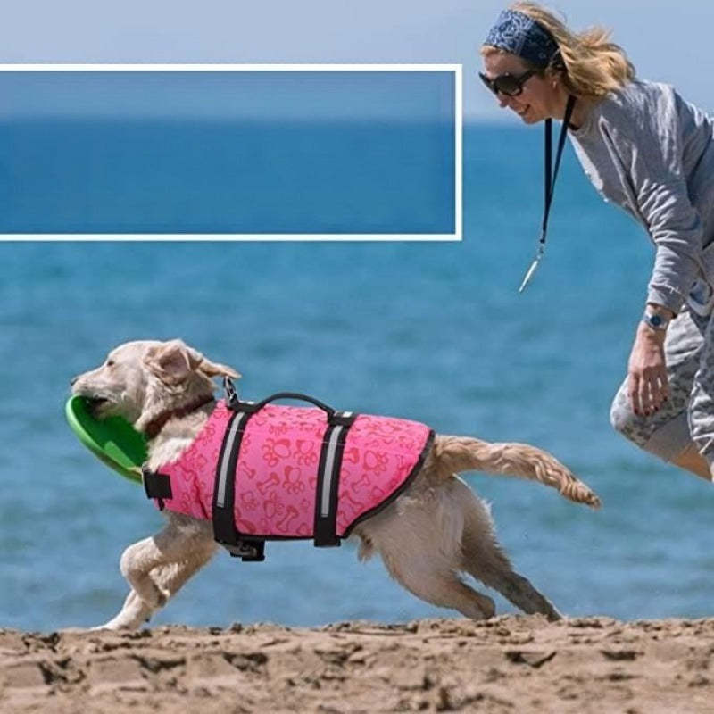 Dog Life Jacket, Safety Pet Flotation Life Vest With Reflective Stripes-Paw Print Pad