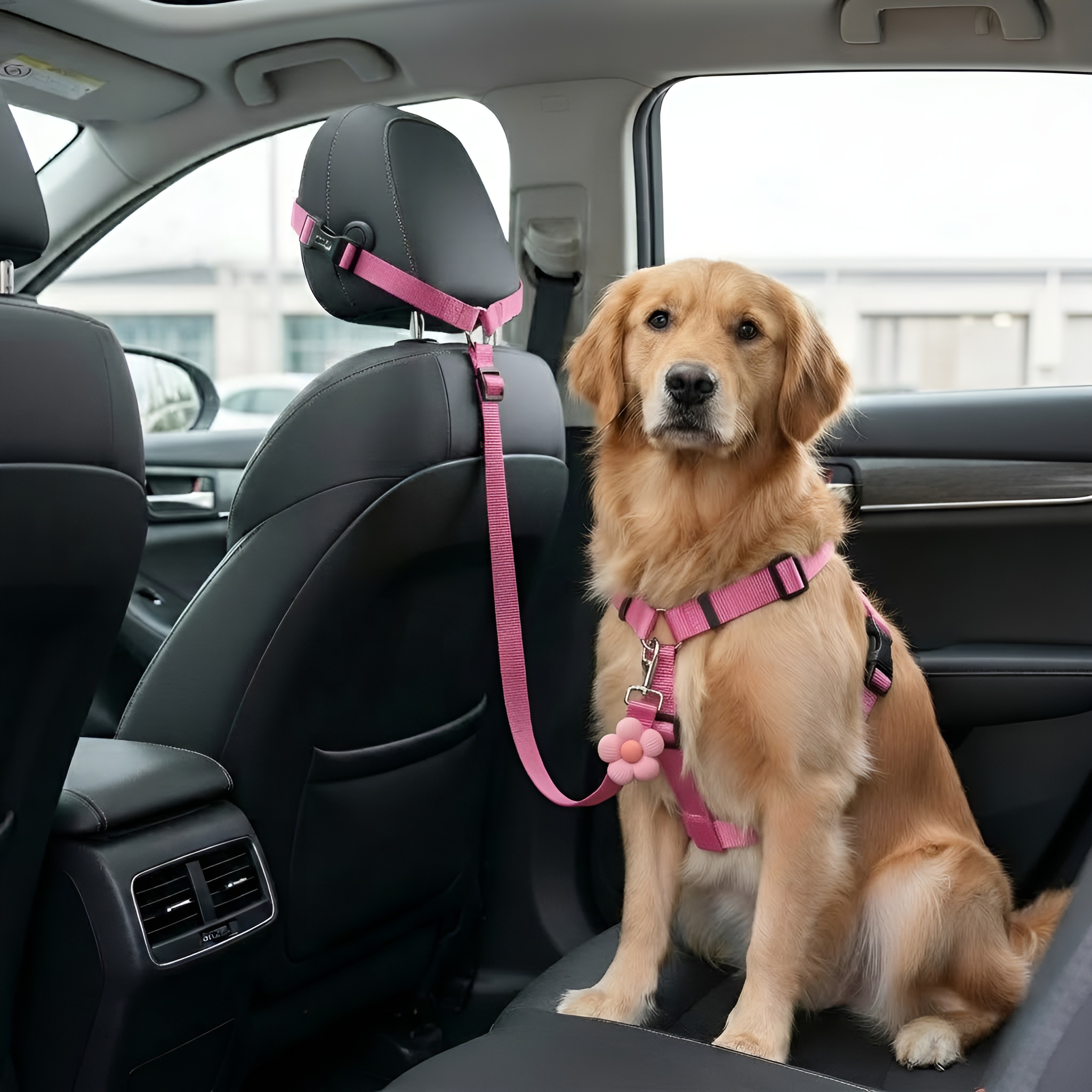 Dog Car Seat Belt With Adjustable Strap And Pet Safety Leash Buckle
