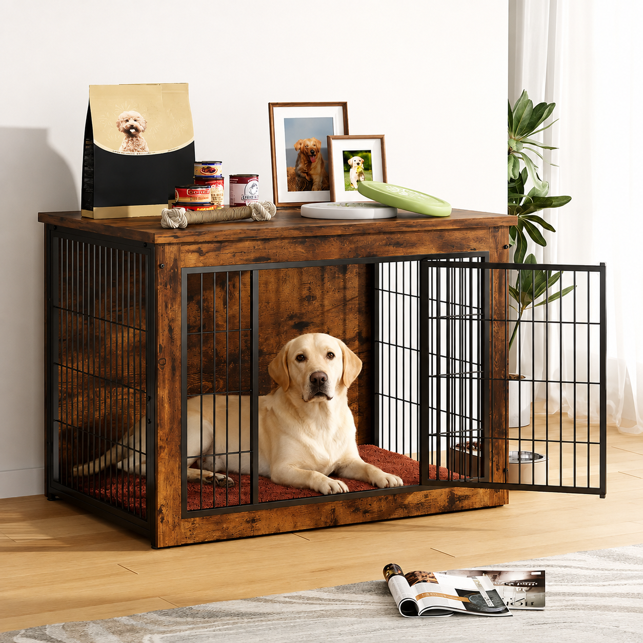 Wooden Dog Crate Furniture With Thick Cushion