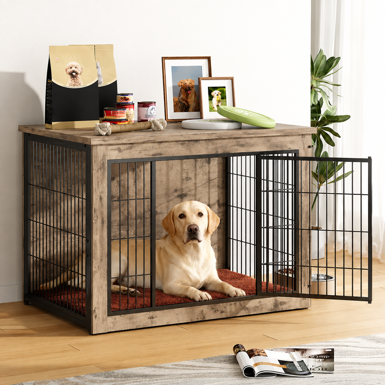 Wooden Dog Crate Furniture With Thick Cushion