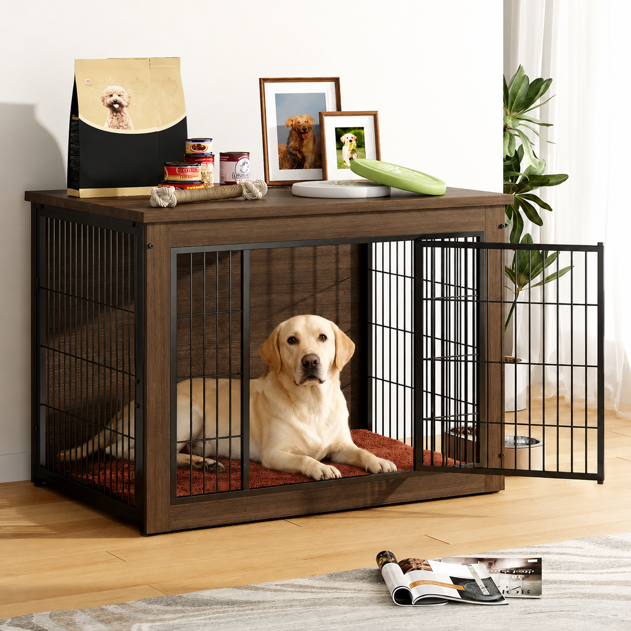Wooden Dog Crate Furniture With Thick Cushion