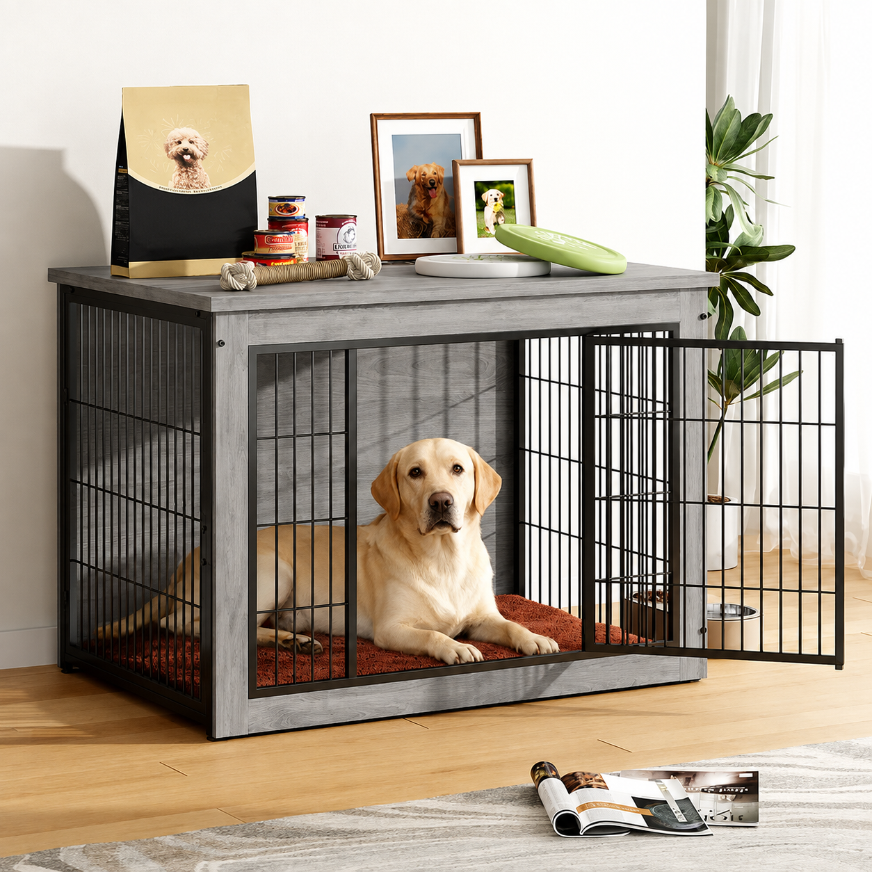 Wooden Dog Crate Furniture With Thick Cushion
