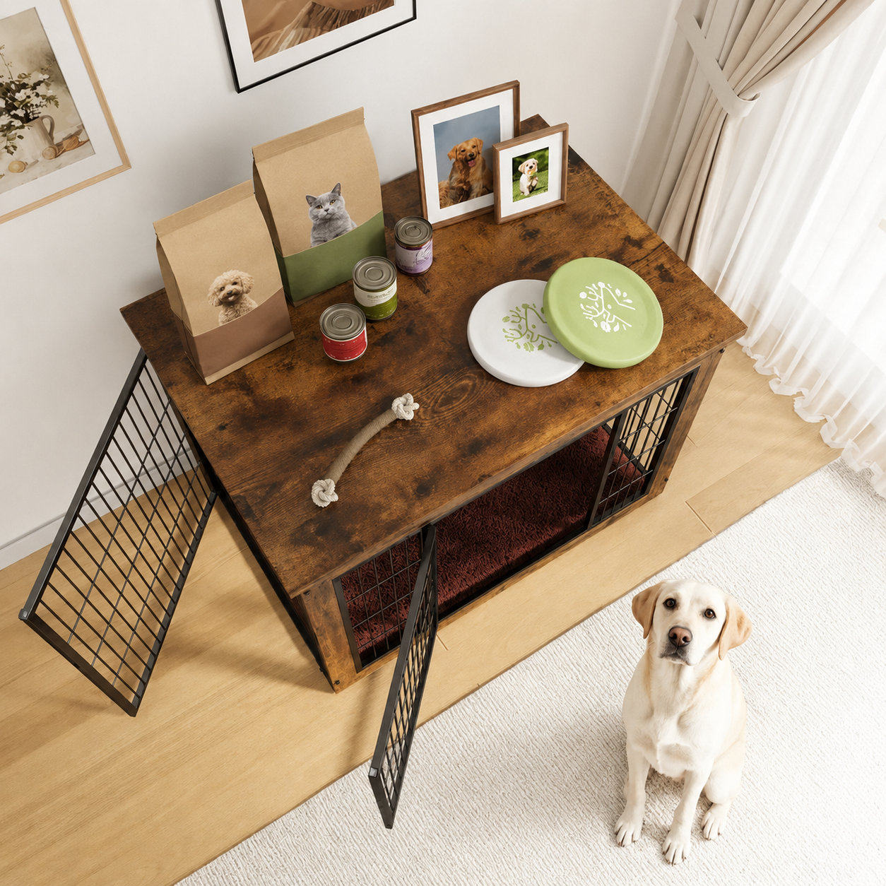 Wooden Dog Crate Furniture With Thick Cushion