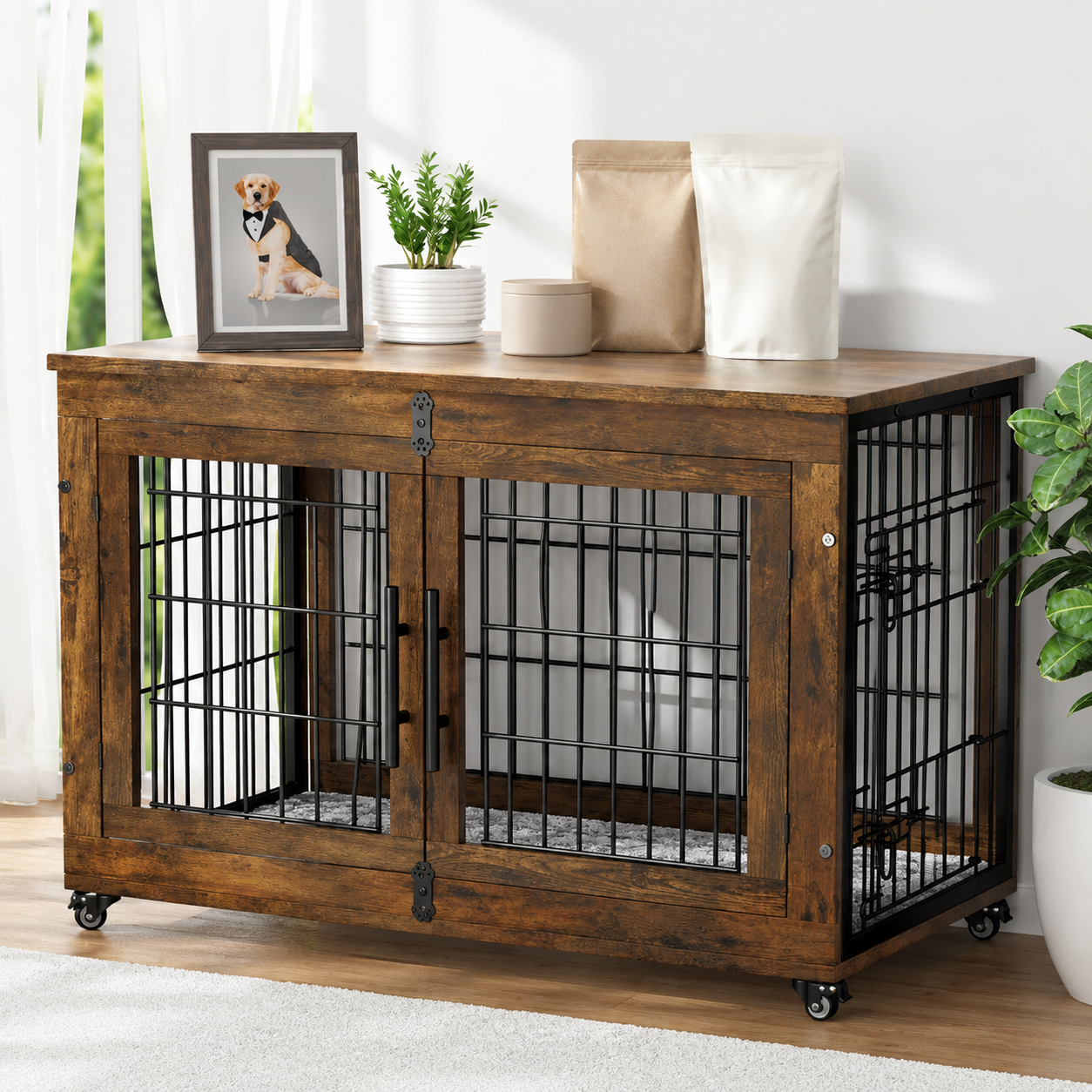 Indoor Dog Cage Furniture With Rolling Wheels