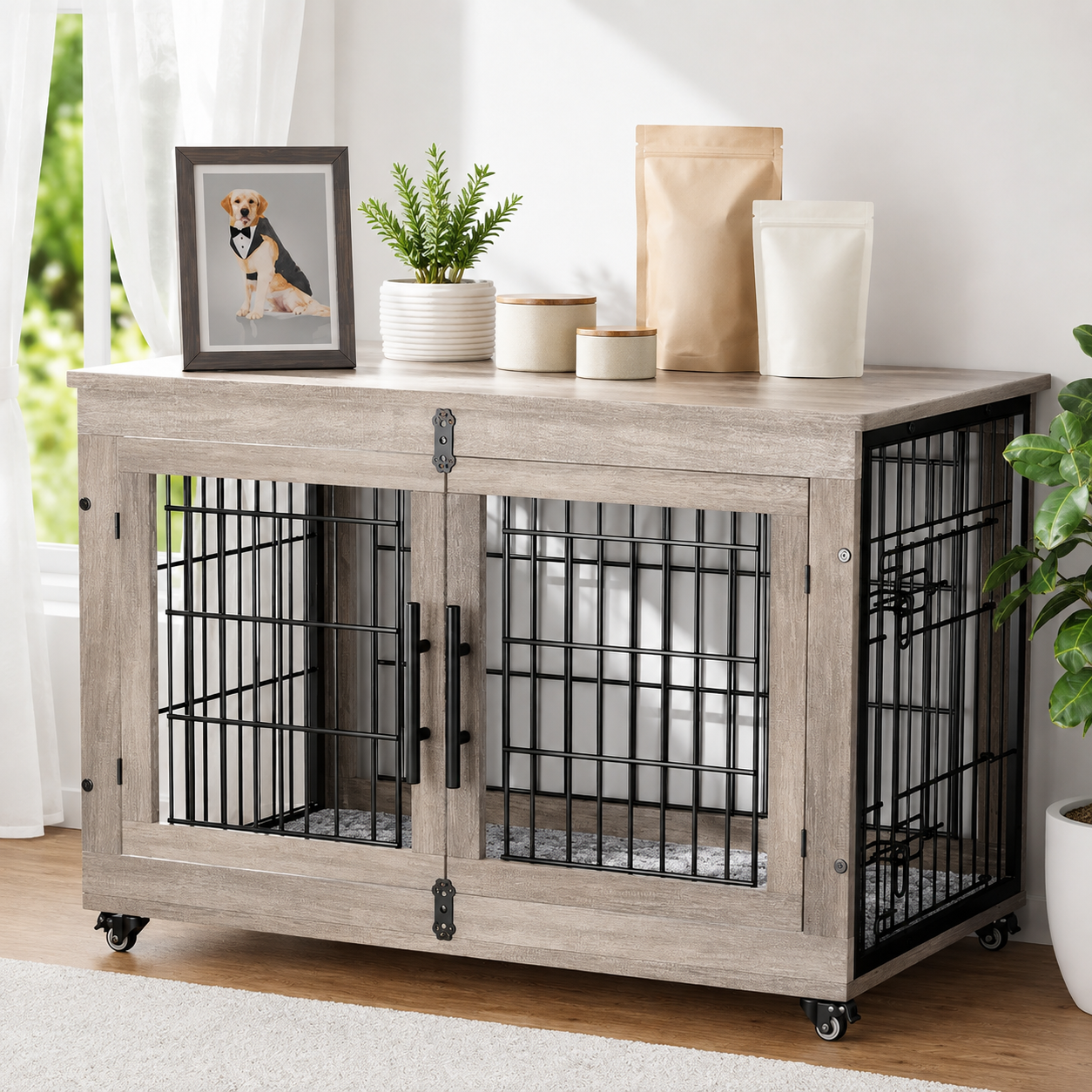 Indoor Dog Cage Furniture With Rolling Wheels