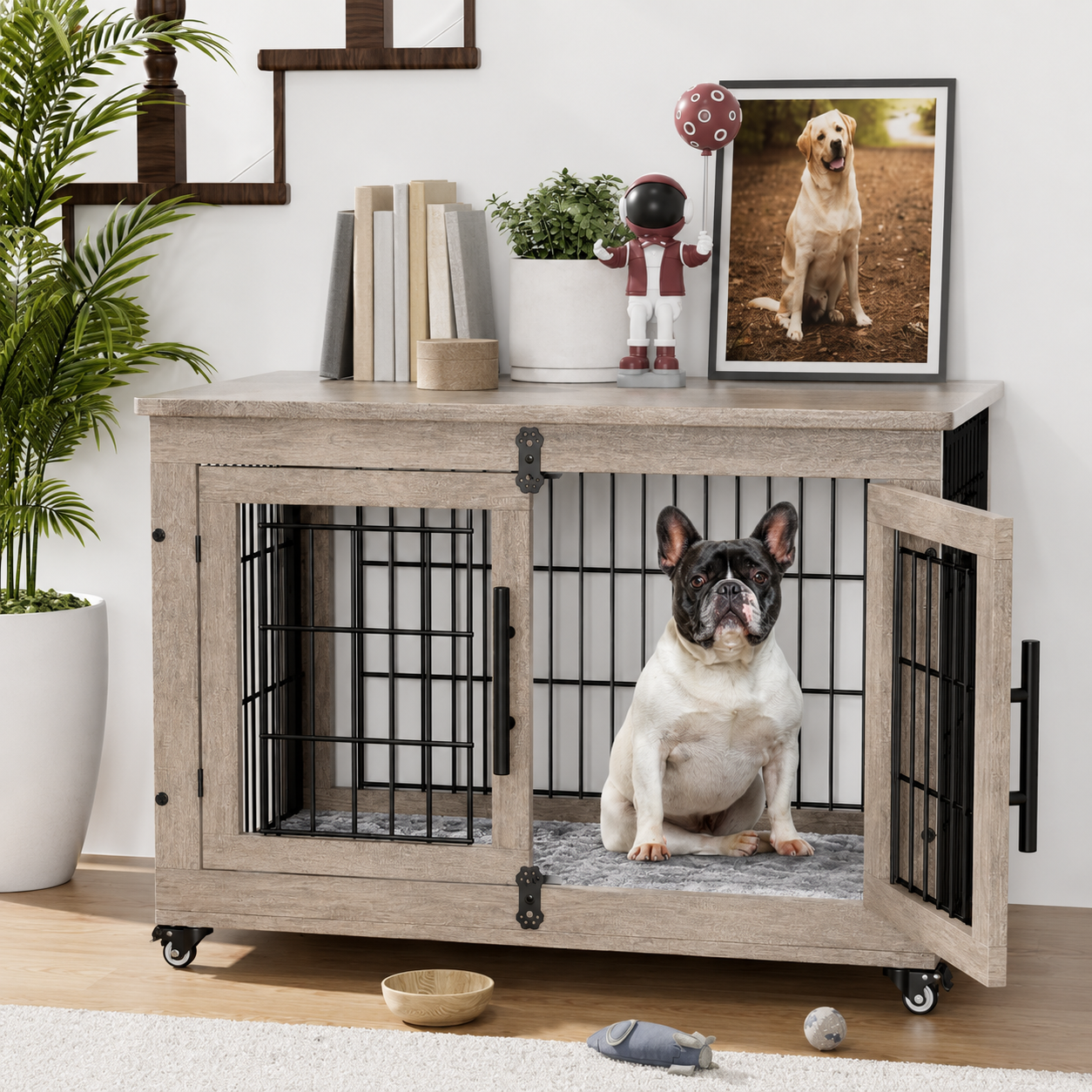 Indoor Dog Cage Furniture With Rolling Wheels