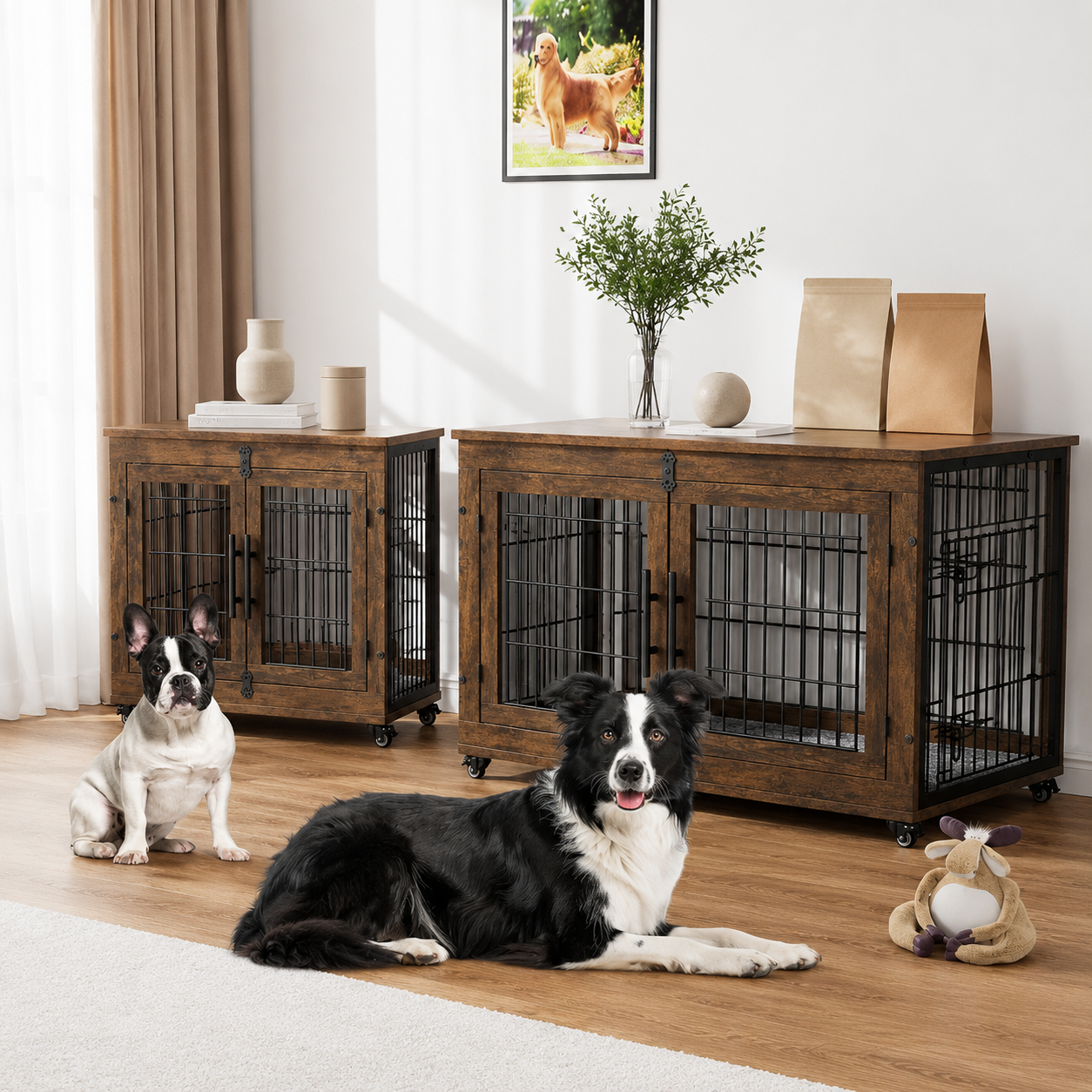Indoor Dog Cage Furniture With Rolling Wheels
