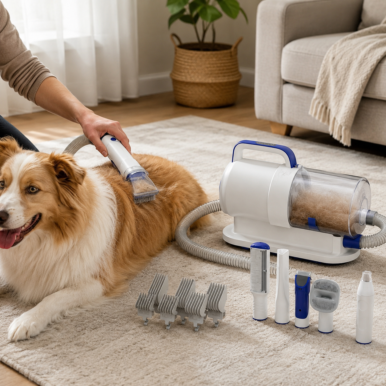 All in One Pet Grooming Vacuum Kit with Strong Suction and Adjustable Combs