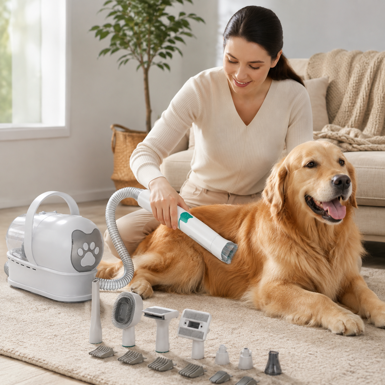7 in 1 Pet Grooming Vacuum Kit with Shedding Brush Trimmer and Hair Removal Tools