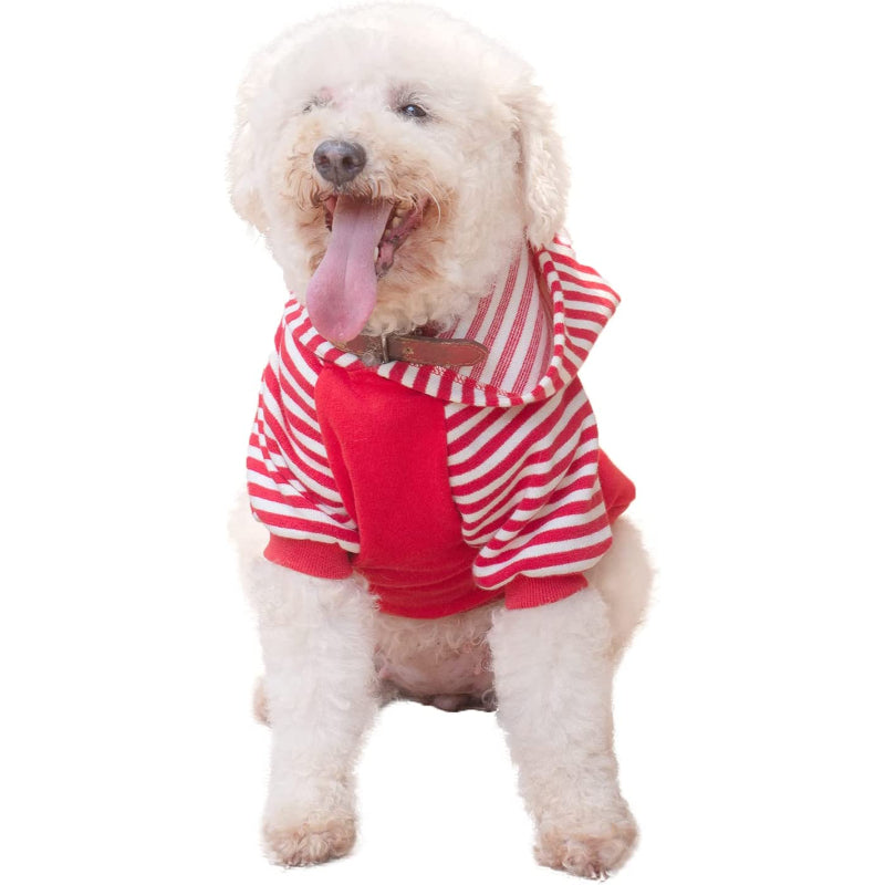 Dog Hoodie Shirts Pet Clothes With Hat Red Stripes-Paw Print Pad