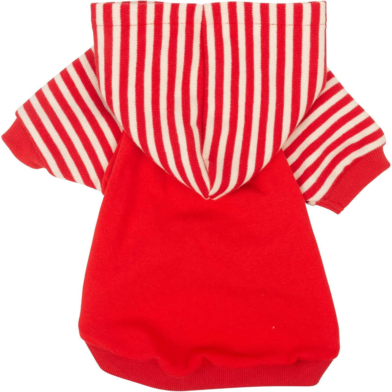 Dog Hoodie Shirts Pet Clothes With Hat Red Stripes-Paw Print Pad