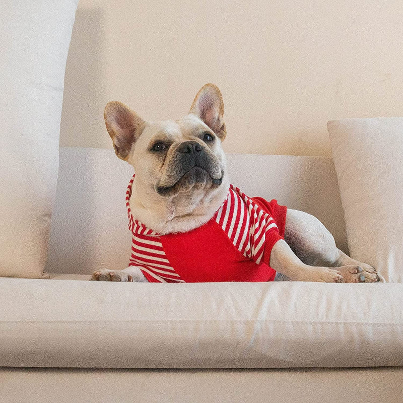 Dog Hoodie Shirts Pet Clothes With Hat Red Stripes-Paw Print Pad