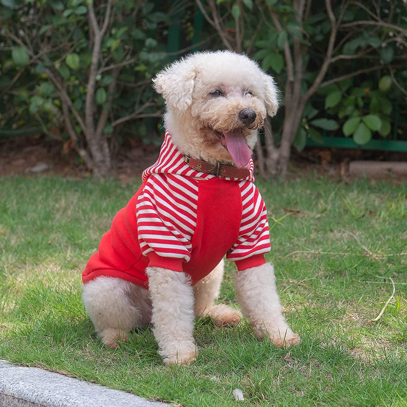 Dog Hoodie Shirts Pet Clothes With Hat Red Stripes-Paw Print Pad