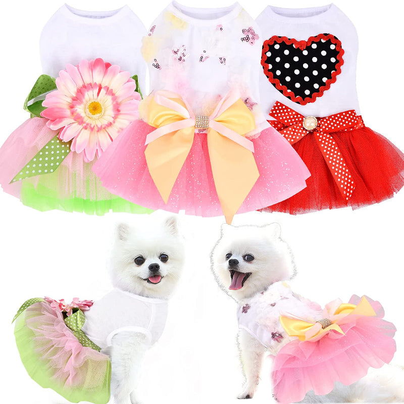 Small Dogs Girl 3 Pack Summer Puppy Clothes Outfit Apparel Female, Clothing Breathable Pet Dress-Paw Print Pad