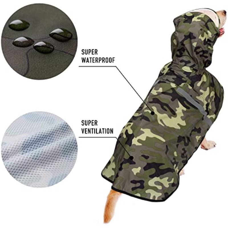 Dog Raincoat With Adjustable Belly Strap And Leash Hole-Paw Print Pad