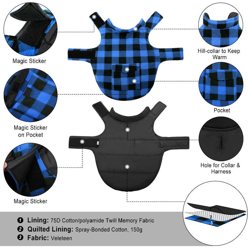 Dog Winter Coat, Dog Fleece Jacket Plaid Reversible Dog Vest Waterproof Windproof Cold Weather Dog Clothes Pet Apparel For Dogs-Paw Print Pad