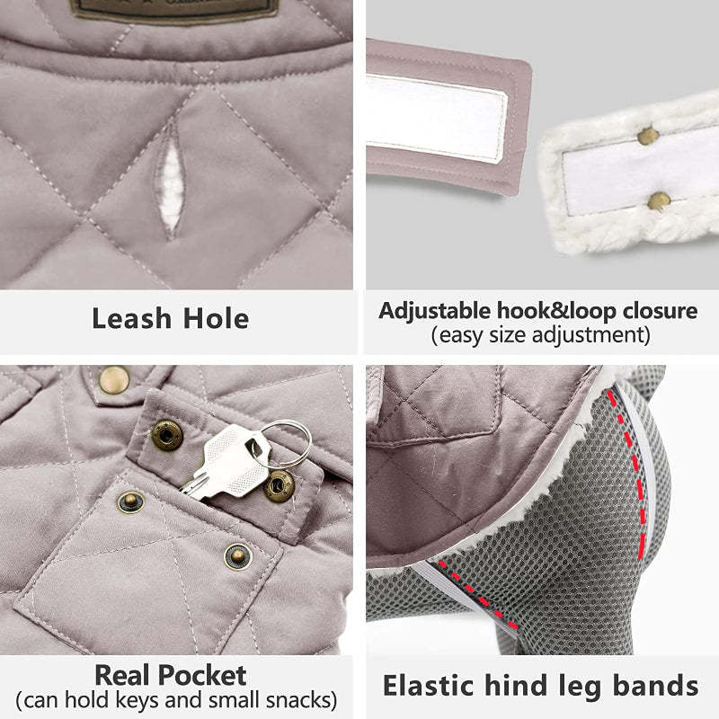 Dog Cold Weather Coats Cozy Windproof Padded Sherpa Warm Dog Gray Jacket For Small Dogs With Furry Collar Dog Apparel-Paw Print Pad