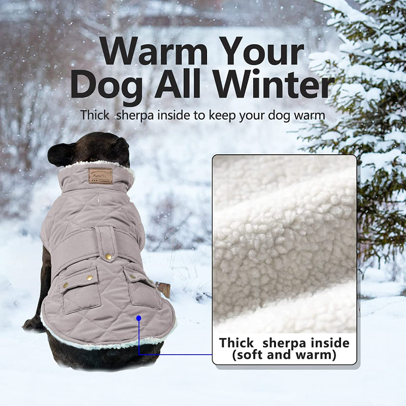 Dog Cold Weather Coats Cozy Windproof Padded Sherpa Warm Dog Gray Jacket For Small Dogs With Furry Collar Dog Apparel-Paw Print Pad