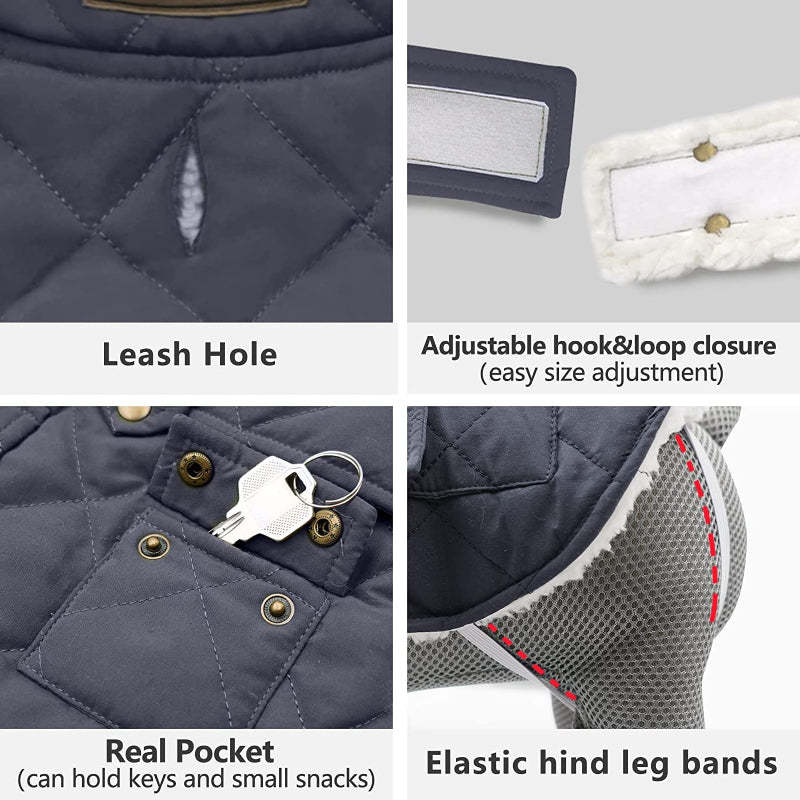 Dog Cold Weather Coats Cozy Windproof Padded Sherpa Warm Dog Navy Blue Jacket For Small Dogs With Furry Collar Dog Apparel-Paw Print Pad