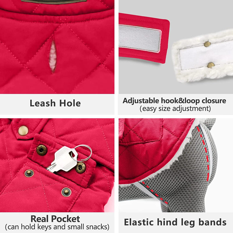 Dog Cold Weather Coats Cozy Windproof Padded Sherpa Warm Dog Red Jacket For Small Dogs With Furry Collar Dog Apparel-Paw Print Pad