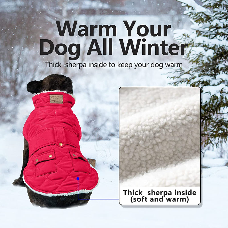 Dog Cold Weather Coats Cozy Windproof Padded Sherpa Warm Dog Red Jacket For Small Dogs With Furry Collar Dog Apparel-Paw Print Pad