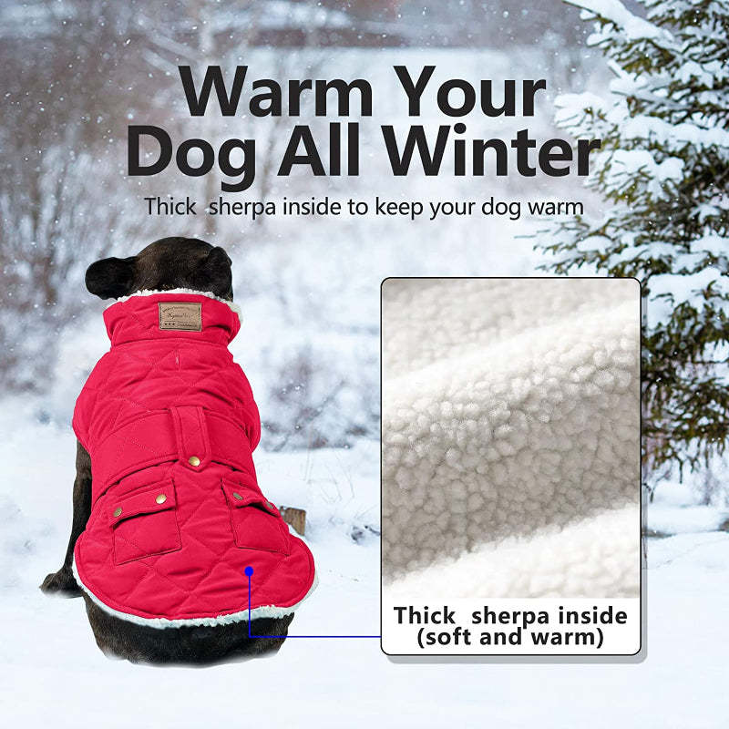 Dog Cold Weather Coats Cozy Windproof Padded Sherpa Warm Dog Red Jacket For Small Dogs With Furry Collar Dog Apparel-Paw Print Pad