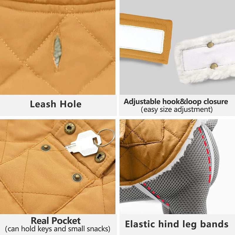 Dog Cold Weather Coats Cozy Windproof Padded Sherpa Warm Dog Yellow Jacket For Small Dogs With Furry Collar Dog Apparel-Paw Print Pad