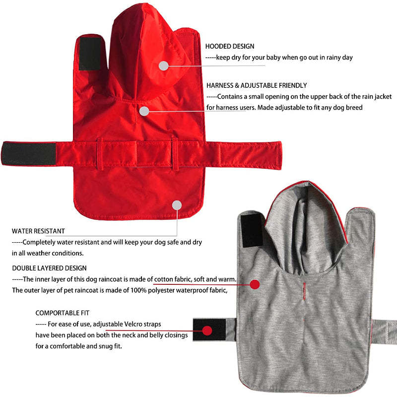 Dog Raincoat Hooded Leash Hole 10 Sizes, Waterproof Double Layer Dog rain Coat Jacket with Cotton Lining for Small Medium and Large Dog-Paw Print Pad