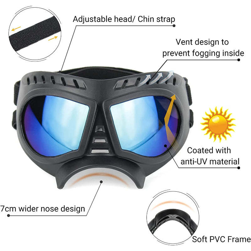 Dog Goggles Medium-Large Dog UV Sunglasses Windproof Snowproof Soft Frame Glasses for Long Snout Dogs Eyes Protection, Black-Paw Print Pad