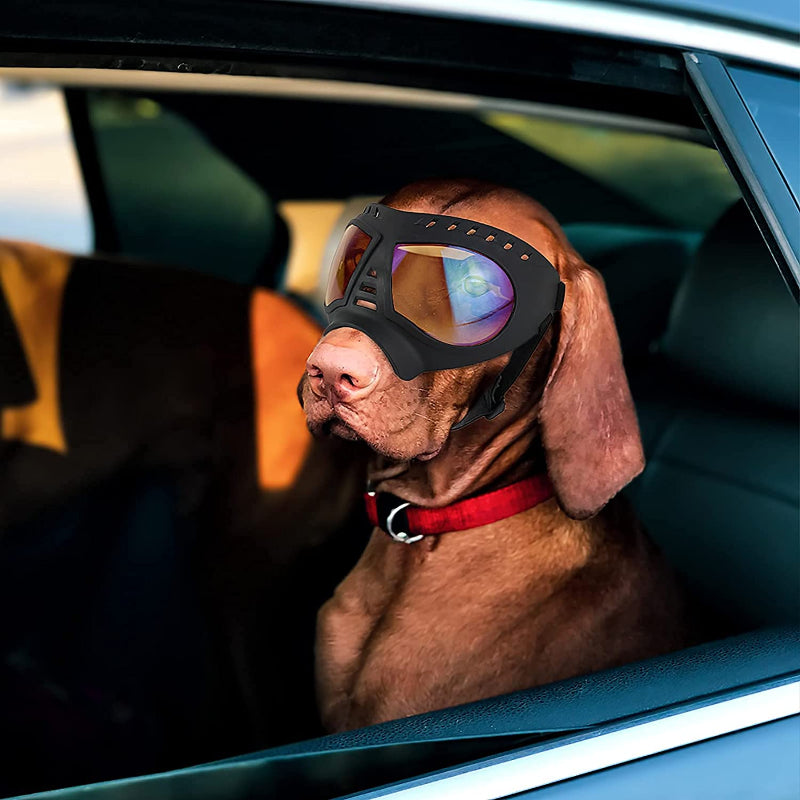 Dog Goggles Medium-Large Dog UV Sunglasses Windproof Snowproof Soft Frame Glasses for Long Snout Dogs Eyes Protection, Black-Paw Print Pad