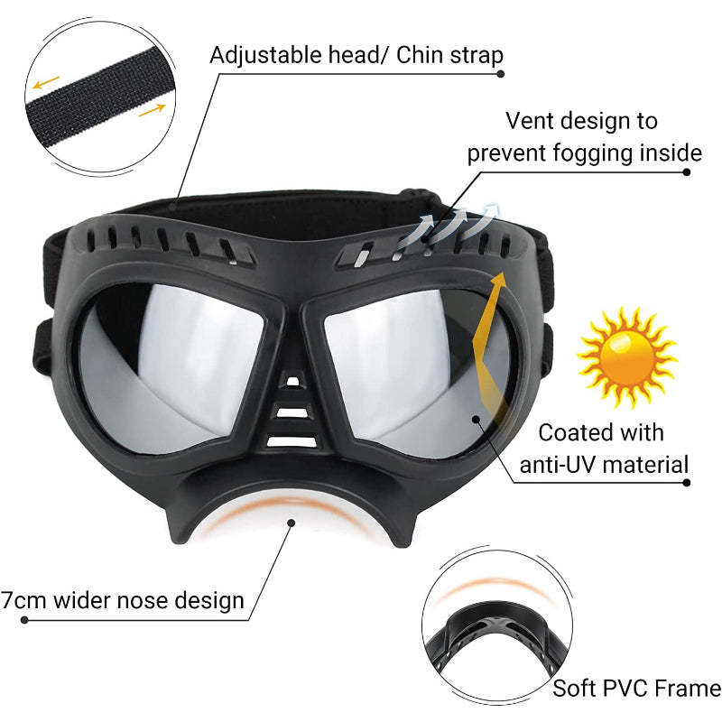 Dog Goggles Medium-Large Dog UV Sunglasses Windproof Snowproof Soft Frame Glasses for Long Snout Dogs Eyes Protection, Black-Paw Print Pad