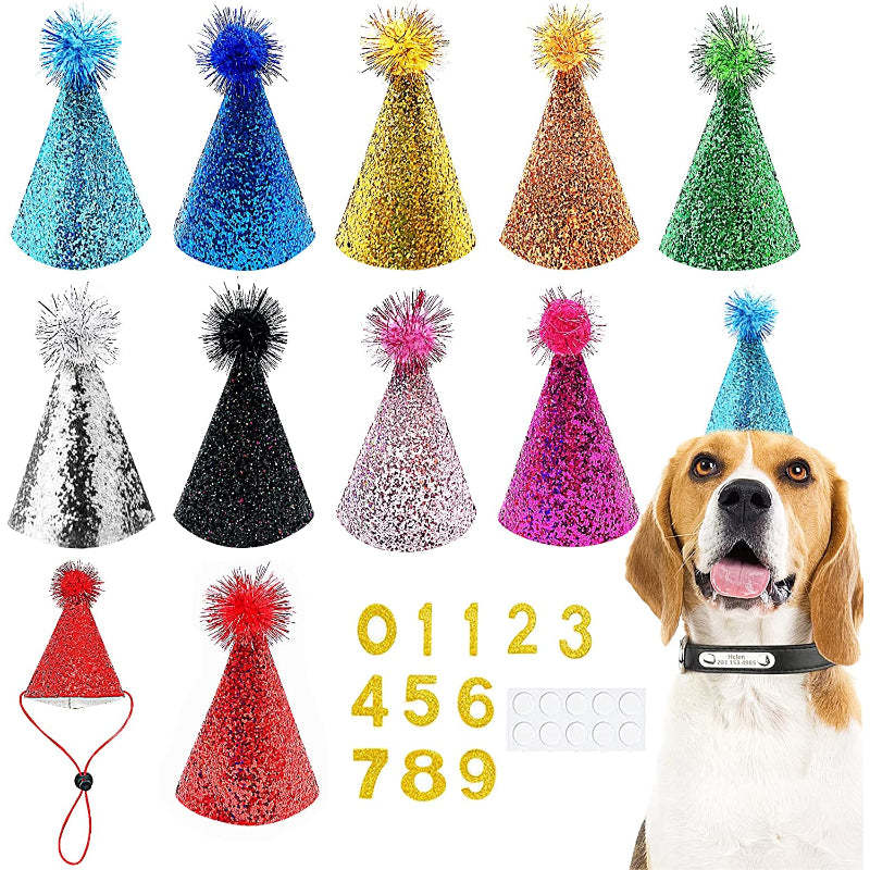 Small Dog Birthday Hat Set For Boys Girls Medium Dogs Cat Kitten Puppies Party Hats with 0-9 Numbers 10 Glue Dots Grooming Accessories-Paw Print Pad