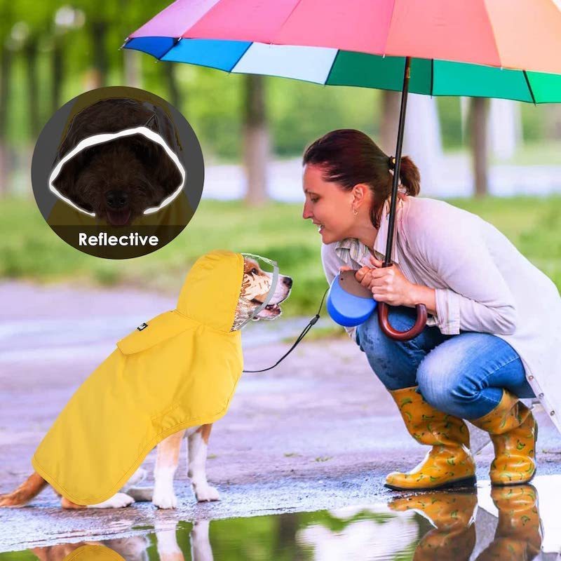 Dog Raincoat With Adjustable Dog Rain Jacket-Paw Print Pad
